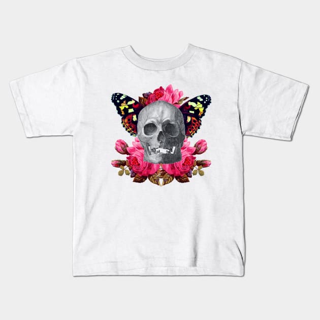 Skull with flowers and butterfly wings Kids T-Shirt by CharlieCreates